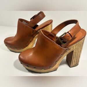 ANA A New Approach Platform Clog Heels Slingback Brown Studded Wood Size 6.5